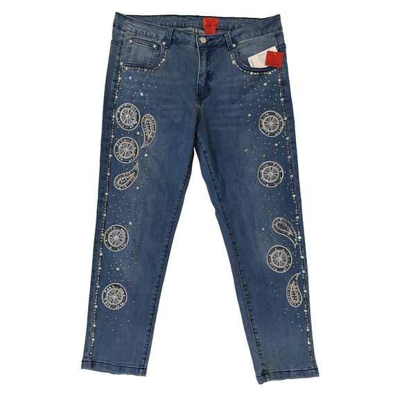 Cristina Y2K Jeans Womens 12 Embellished Paisley Straight Leg Rhinestone NWT - Picture 1 of 6